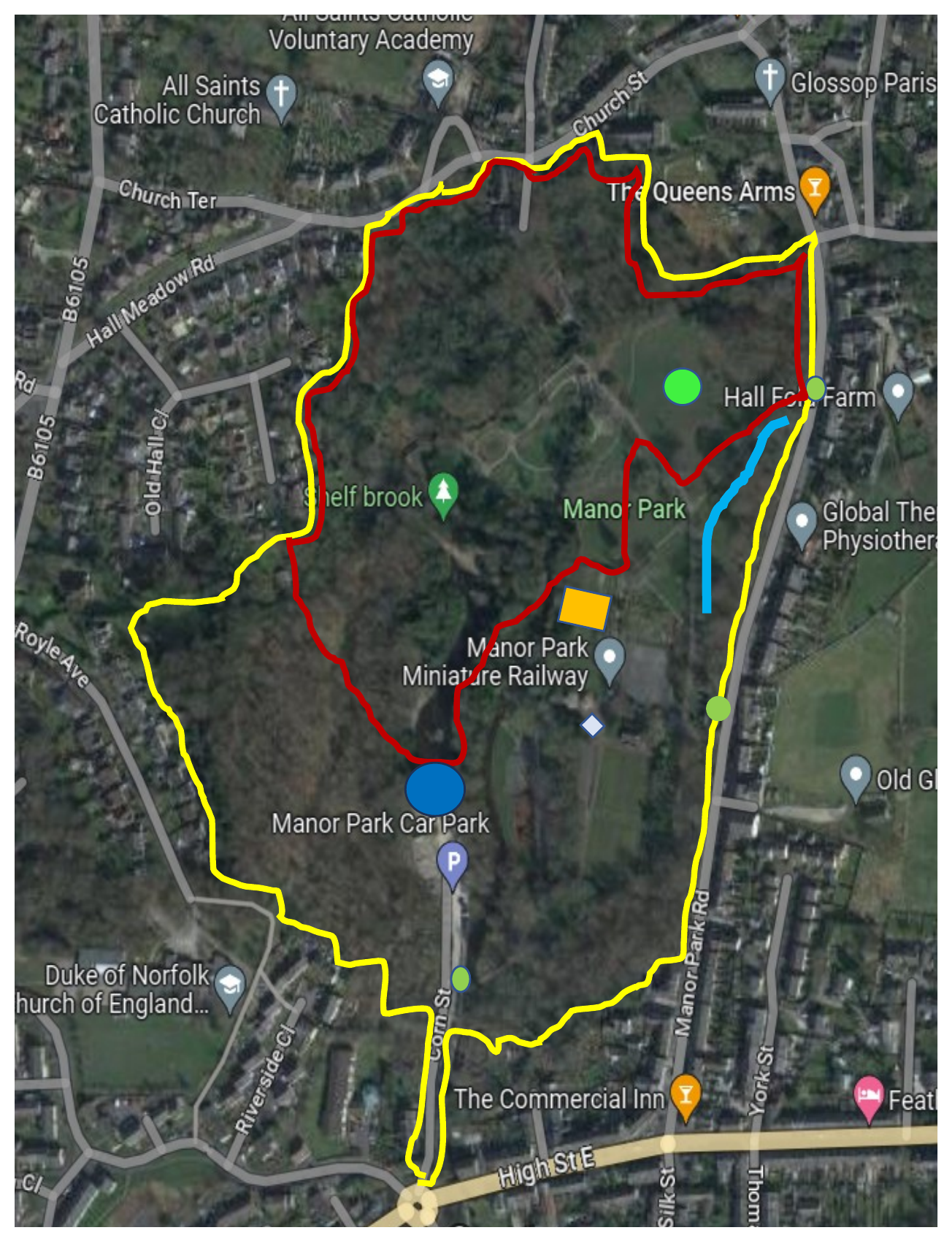Glossop Bonfire 2026 event site plan — Manor Park